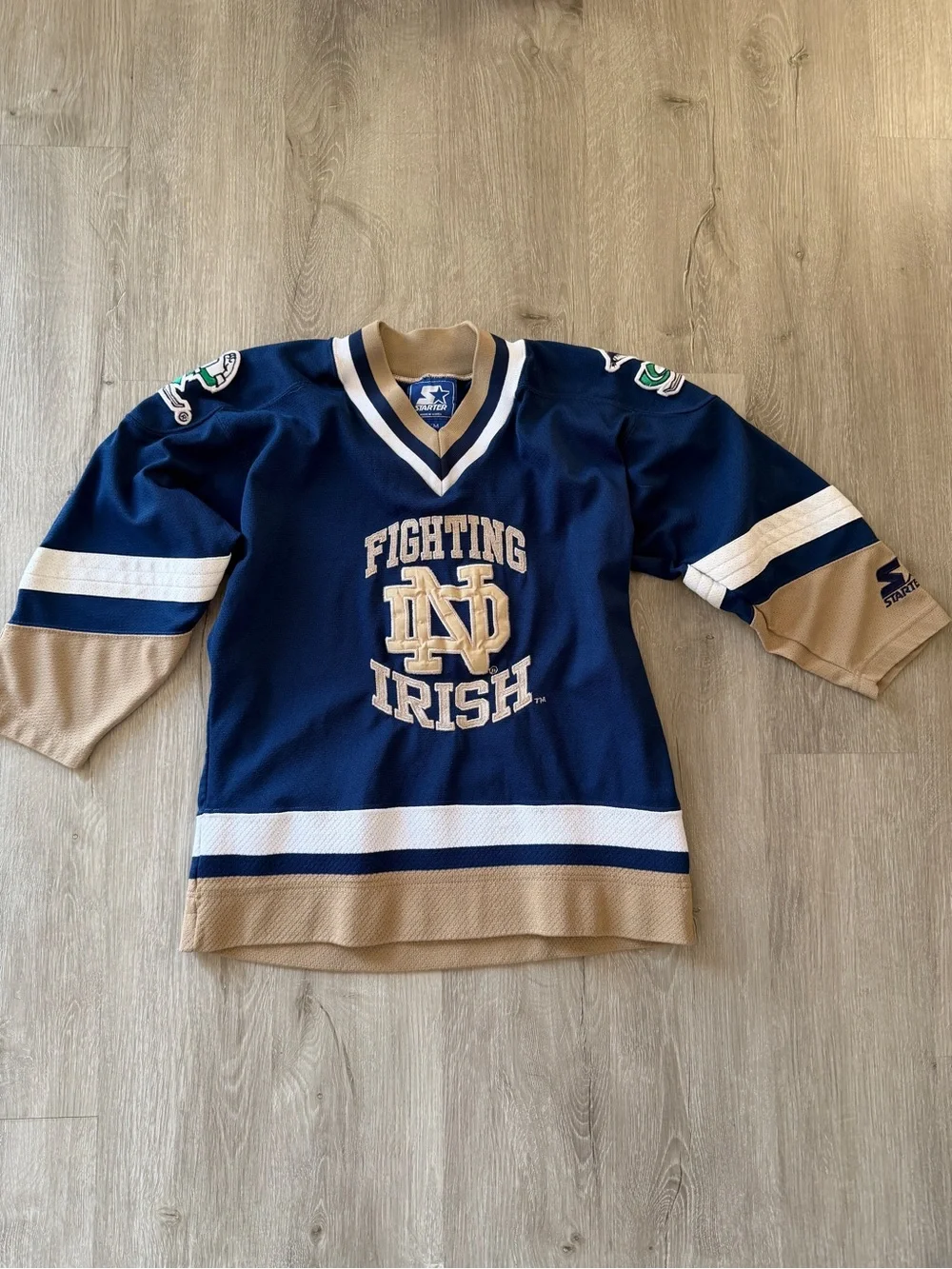 VTG 90s Starter Notre Dame Fighting Irish Hockey Jersey Blue Gold Youth S/M
